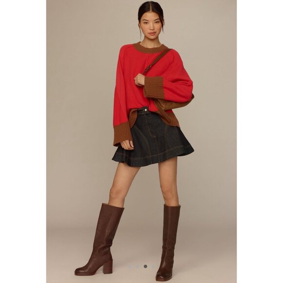 NWT Maeve by Anthropologie Chandler Crew-Neck Sweater | Red Brown Colorblock Box - Picture 3 of 13